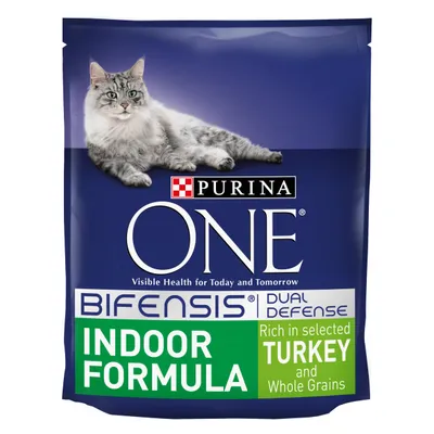 PURINA ONE BIFENSIS Dual Defense Indoor Formula cat food, rich in selected turkey and whole grains. Visible Health for Today and Tomorrow text on blue packaging with cat image.