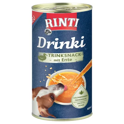 Rinti Drinki gustare lichidă cu rață, băutură săracă în calorii, ușoară și gustoasă, 185ml. Imagine cu un câine și un bol cu lichid portocaliu.