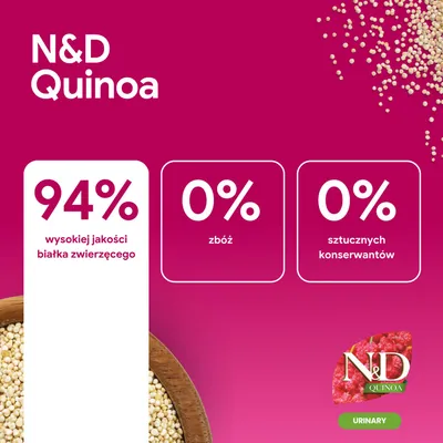 N&D Quinoa. 94% wysokiej jakości białka zwierzęcego, 0% zboż, 0% sztucznych konserwantów. Urinary. N&D Quinoa. 94% wysokiej jakości białka zwierzęcego, 0% zboż, 0% sztucznych konserwantów. Urinary.