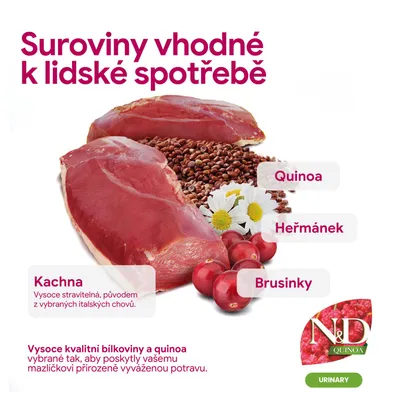 Slogan: Prísady v potravinárskej kvalite. Obsahuje kačacie mäso, quinoa, harmanček a brusnice. Vysokokvalitné bielkoviny a quinoa pre vyváženú výživu zvierat. Značka: N&D Quinoa Urinary. Slogan: Prísady v potravinárskej kvalite. Obsahuje kačacie mäso, quinoa, harmanček a brusnice. Vysokokvalitné bielkoviny a quinoa pre vyváženú výživu zvierat. Značka: N&D Quinoa Urinary.