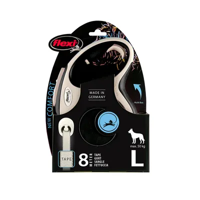 Flexi New Comfort koiran talutushihna, 8 metrin nauha, koko L, sopii koirille enintään 50 kg, valmistettu Saksassa.