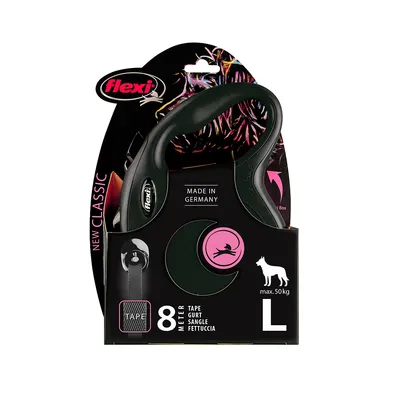 Laisse enrouleur flexi New Classic, 8 mètres, taille L, pour chiens jusqu’à 50 kg, sangle noire, texte visible : Made in Germany.