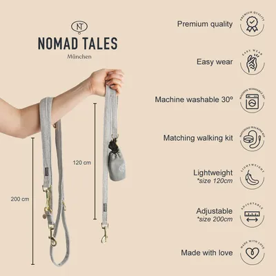 Correa Nomad Tales München gris, longitudes 120 cm y 200 cm. Incluye bolsa. Texto visible: Premium quality, Easy wear, Machine washable 30°, Matching walking kit, Lightweight, Adjustable, Made with love.