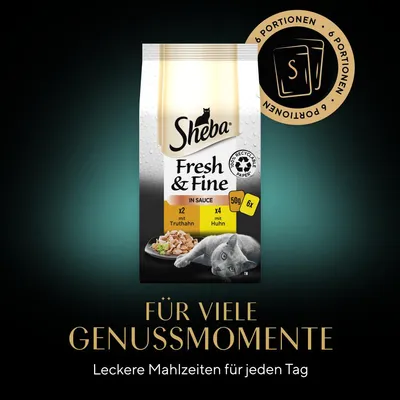 Sheba Fresh & Fine in Sauce, 6 Portionen à 50g. 2x mit Truthahn, 4x mit Huhn. 100% recycelbares Papier. Für viele Genussmomente, leckere Mahlzeiten für jeden Tag.