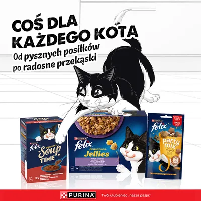 Purina Felix Soup Time, Sensations Jellies i Party Mix Original karma dla kotów z tekstem promocyjnym. Różne rodzaje widoczne dla kotów.