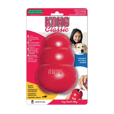 KONG Classic XX-Large, duurzaam natuurlijk rubber, geschikt voor honden tot 38+ kg. Tekst: 'Insert treats', 'Made in USA', 'Dogs Need to Play'.