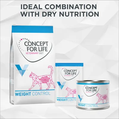 CONCEPT FOR LIFE VETERINARY DIET WEIGHT CONTROL per gatti, confezioni di crocchette, bustina e lattina. Testo in inglese: IDEAL COMBINATION WITH DRY NUTRITION. CONCEPT FOR LIFE VETERINARY DIET WEIGHT CONTROL per gatti, confezioni di crocchette, bustina e lattina. Testo in inglese: IDEAL COMBINATION WITH DRY NUTRITION.