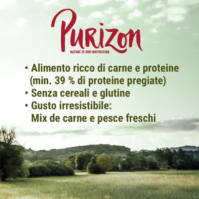 Purizon. Alimento ricco di carne e proteine (min. 39 % di proteine pregiate). Senza cereali e glutine. Gusto irresistibile: mix di carne e pesce freschi.