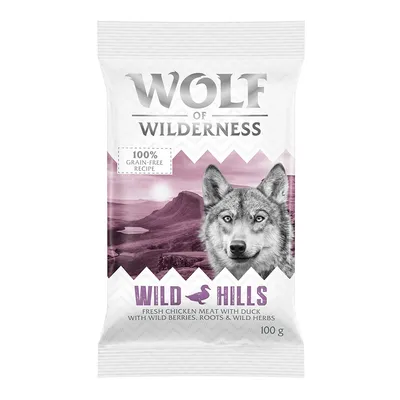 Wolf of Wilderness Wild Hills, 100% grain-free recipe, świeże mięso z kurczaka i kaczki, jagody, korzenie, zioła, opakowanie 100 g