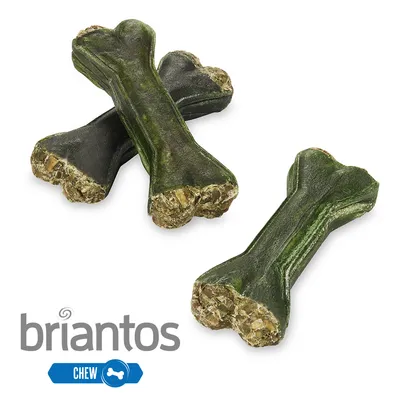Briantos Chew. Grøn tyggeben med naturlig struktur, synligt smuldrende ender. Produktnavn og kategori tydeligt vist.