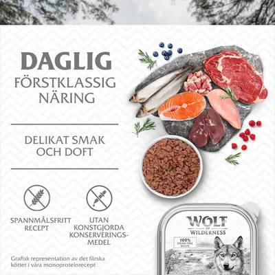 Daglig förstklassig näring, delikat smak och doft. Spannmålsfritt recept, utan konstgjorda konserveringsmedel. Wolf of Wilderness syns på förpackningen.
