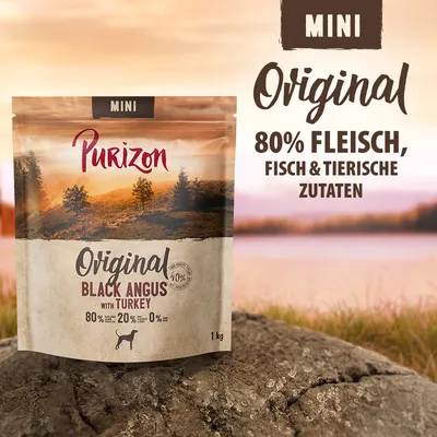 Purizon Mini Original Black Angus mit Truthahn, 80% Fleisch, Fisch & tierische Zutaten, 20% Gemüse, 0% Getreide. Packungsgröße: 1 kg.