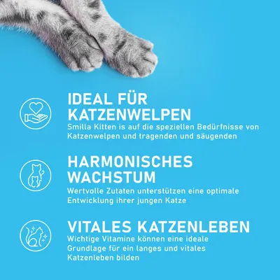 Smilla Kitten: Ideal für Katzenwelpen, unterstützt harmonisches Wachstum mit wertvollen Zutaten und fördert ein vitales Katzenleben durch wichtige Vitamine.