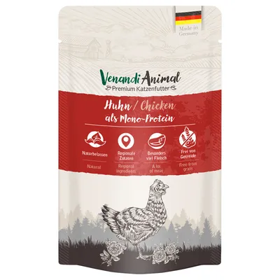Venandi Animal Premium karma dla kotów, kurczak jako jedno źródło białka, naturalna, regionalne składniki, dużo mięsa, bez zbóż, wyprodukowana w Niemczech.