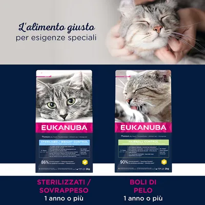 Due confezioni di cibo per gatti Eukanuba: Sterilised/Weight Control 2 kg e Hairball Control 2 kg. Testo visibile: 'STERILIZZATI/SOVRAPPESO 1 anno o più', 'BOLI DI PELO 1 anno o più'.