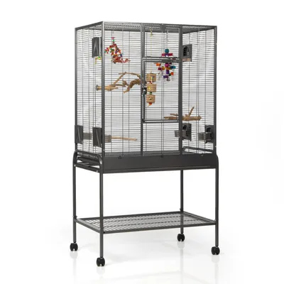 Gabbia in metallo su ruote con ripiano inferiore, accessoriata con posatoi in legno e giochi colorati per uccelli, dotata di sportelli frontali e mangiatoie visibili.