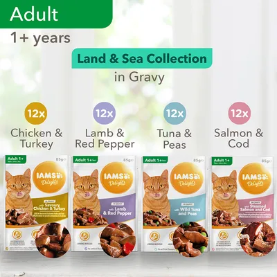 IAMS Delights Adult 1+ Land & Sea Collection in Gravy: 12x Chicken & Turkey, 12x Lamb & Red Pepper, 12x Tuna & Peas, 12x Salmon & Cod. Fire pakker kattemad á 85 g med synlige ingredienser.