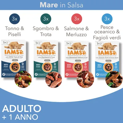 IAMS Mare in Salsa per gatti adulti 1+ anno: 3x Tonno & Piselli, 3x Sgombro & Trota, 3x Salmone & Merluzzo, 3x Pesce oceanico & Fagioli verdi. Testo visibile sulle confezioni.