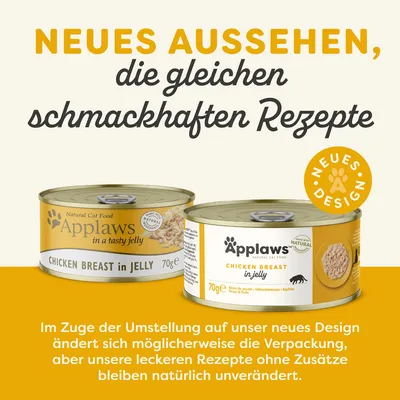 Applaws. Neues Aussehen, die gleichen schmackhaften Rezepte. NEUES DESIGN. CHICKEN BREAST in JELLY 70g. Im Zuge der Umstellung auf unser neues Design ändert sich möglicherweise die Verpackung...