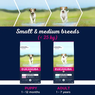 Grain free, low allergen recipe food for small and medium breeds under 25kg. Puppy formula for 1-12 months, adult formula for 1-7 years. Two product bags shown.