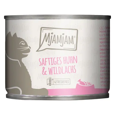 MjAMjAM сочная курица и дикий лосось, без зерна. Изображение кошки и миски на банке.