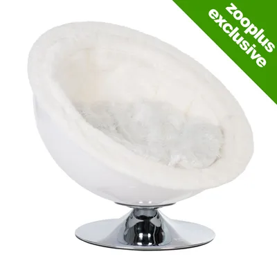 Round white pet bed with plush cushion and chrome base, shown with green corner label stating zooplus exclusive.