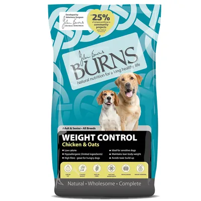 Sac de croquettes pour chien Burns Weight Control Chicken & Oats, Adult & Senior All Breeds, texte en anglais sur les bienfaits, 25 % des profits reversés à des projets communautaires.