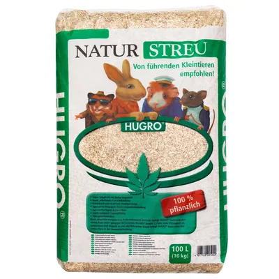 Hugro Naturstreu, aanbevolen door toonaangevende kleine dieren, 100% plantaardig, 100L (10kg). Geschikt voor geurbindend en stofarm gebruik. Verpakking toont hennepbladsymbool.