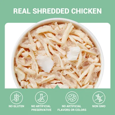REAL SHREDDED CHICKEN, NO GLUTEN, NO ARTIFICIAL PRESERVATIVE, NO ARTIFICIAL FLAVORS OR COLORS, NON GMO – text v angličtine na obrázku s miskou trhaného kuracieho mäsa.