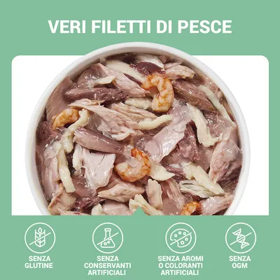 Vera ciotola di filetti di pesce con gamberetti. Testo: VERI FILETTI DI PESCE, senza glutine, senza conservanti artificiali, senza aromi o coloranti artificiali, senza OGM.