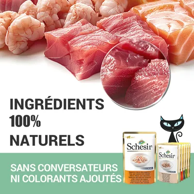 Schesir. Ingrédients 100 % naturels. Sans conservateurs ni colorants ajoutés. Sachets de nourriture pour chat avec morceaux de poisson et crevettes visibles.