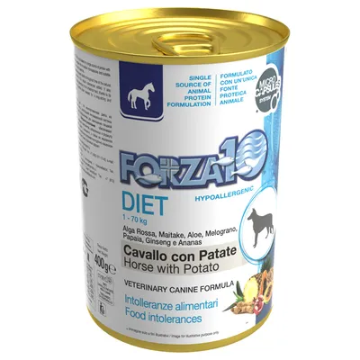 Forza10 Diet Hypoallergenic hrană umedă pentru câini, variantă cal cu cartof, conservă 400g. Potrivită pentru intoleranțe alimentare. Ingrediente: alge, aloe, rodie, papaya, ananas.
