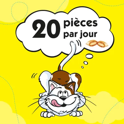 Texte : 20 pièces par jour, avec illustration de friandises et dessins d’un chat et d’un chien. Recommandation visible pour la quantité quotidienne.