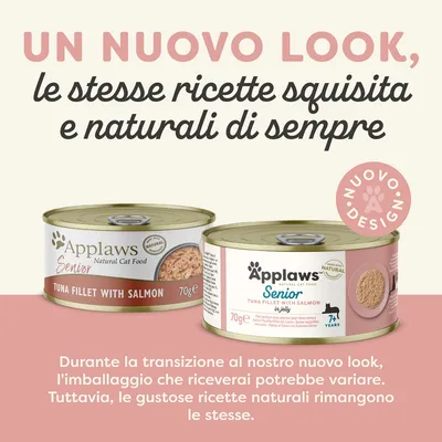 UN NUOVO LOOK, le stesse ricette squisita e naturali di sempre. Applaws Senior Natural Cat Food Tuna Fillet with Salmon 70g. Nuovo design. Durante la transizione l'imballaggio può variare.