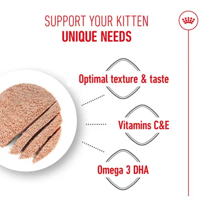 Optimal texture & taste, Vitamins C & E, Omega 3 DHA. Supports the specific needs of kittens.