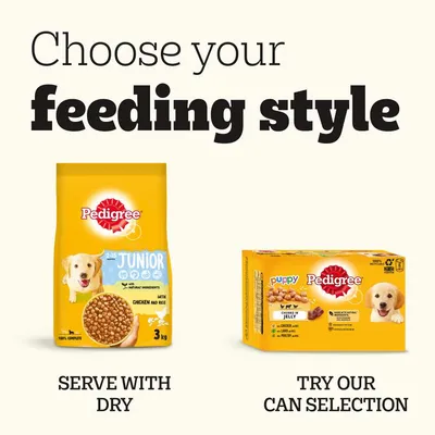 Pedigree Junior száraz kutyatáp 3 kg és Pedigree Puppy konzervválogatás csomagolása. Felirat: Choose your feeding style, Serve with dry, Try our can selection.