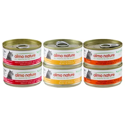 Almo Nature cat food, various varieties: chicken with pumpkin, chicken with liver, chicken breast. HF-C quality, 70g cans, all profits for the planet.