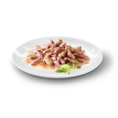 Stukjes natvoer in saus op een wit bord, daarnaast een groen kruidenblaadje. Stukjes natvoer in saus op een wit bord, daarnaast een groen kruidenblaadje.