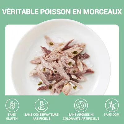 Véritable poisson en morceaux. Sans gluten, sans conservateurs artificiels, sans arômes ni colorants artificiels, sans OGM.