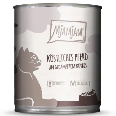 MjAMjAM kattenvoer, tekst op blik: Köstliches Pferd an gedämpftem Kürbis, Getreidefrei, Viel Fleisch. Tekst in het Duits.
