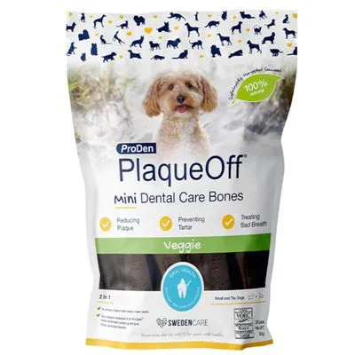 ProDen PlaqueOff Mini Dental Care Bones Veggie, 100% natuurlijk. Reducing Plaque, Preventing Tartar, Treating Bad Breath. Oral Health. SWEDENCARE. 20 stuks. Voor kleine en mini honden.