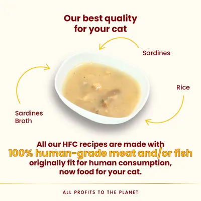 Bowl of food with sardines, rice and sardine broth. Text states all HFC recipes use 100% human-grade meat or fish originally fit for human consumption, now food for your cat.