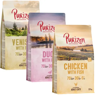 Purizon Trockenfutter für Katzen: Venison with Fish, Duck with Fish, Chicken with Fish. 70% tierische Zutaten, 30% Gemüse, 0% Getreide. Packungsgrösse 2,5 kg.