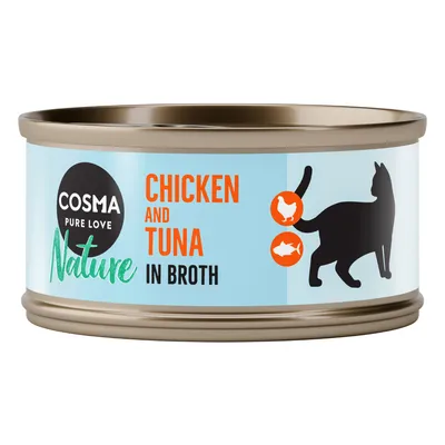 Cosma Pure Love Nature. Kanan- ja tonnikalapaloja liemessä, kissan siluetti, jossa kanan ja kalan symbolit.