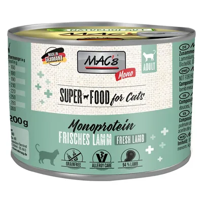 MAC's Mono Super Food for Cats, Monoprotein Frisches Lamm, 200 g, adult, grainfree, allergy care, 94% lamb, Made in Germany. Testo anche in inglese e tedesco visibile sull'etichetta.