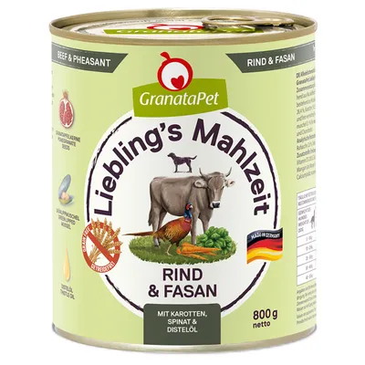 GranataPet Lieblings's Mahlzeit wołowina i bażant, z marchewką, szpinakiem i olejem z ostu. Bez zbóż, wyprodukowano w Niemczech, 800g netto.