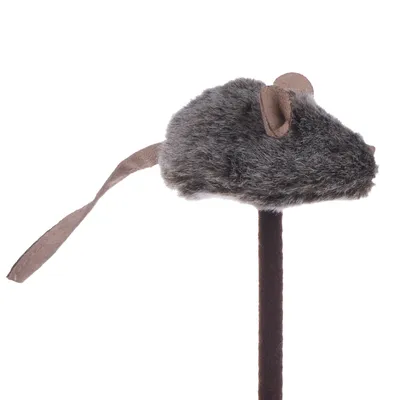 Cat toy with a grey faux fur mouse and brown felt tail attached to a stick. Mouse has two brown felt ears and a pointed nose.