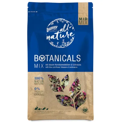 Embalagem de Bunny Nature Botanicals Mix, com flores de centáurea azul e equinácea. Indicações: 100% natural, 0% cereais. Para coelhos anões, porquinhos-da-índia, chinchilas e degus.