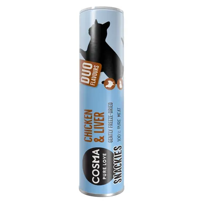 COSMA PURE LOVE SNACKIES CHICKEN & LIVER DUO FLAVOURS, GENTLY FREEZE-DRIED, 100 % PURE MEAT. Katte- og hundesilhuet på emballagen.