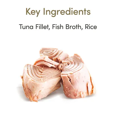 Klíčové ingredience: Tuna Fillet, Fish Broth, Rice. Na obrázku jsou kousky tuňáka.